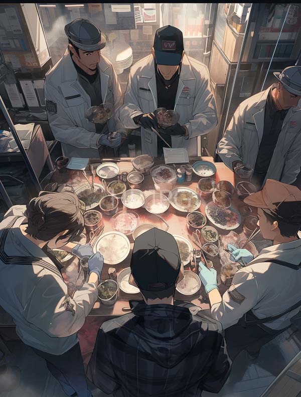 High Resolution: Six male chefs in white coats and caps gathered around an illuminated table filled with various dishes including bowls containing soups or salads in a dim-lit kitchen download. | HRJPG.com