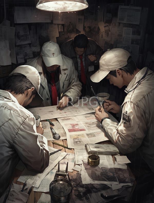 High Resolution: Four men in white jackets and caps intensely studying maps under dim lighting at a cluttered desk filled with papers tools and photographs on the wall download. | HRJPG.com