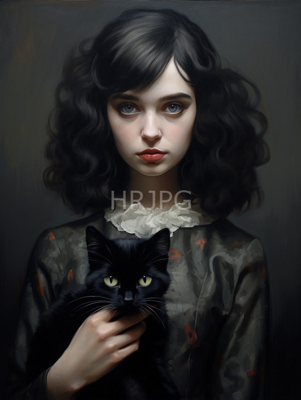 High Resolution: Ethereal young woman with pale skin large blue eyes and wavy black hair wears a dark floral dress adorned by white lace holding a sleek black cat close to herself download. | HRJPG.com