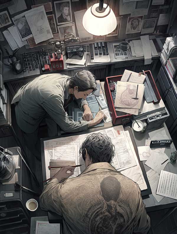 High Resolution: Two men in an office viewed from above one with gray hair writing notes while the other sits facing away showing a detailed back tattoo under a beige jacket download. | HRJPG.com