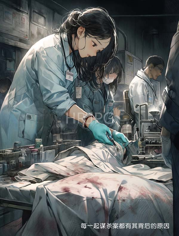 High Resolution: Autopsy scene in a dim industrial laboratory with metallic textures a female pathologist examines organs on a dissection table covered by bloodstained sheets with two male colleagues observing download. | HRJPG.com