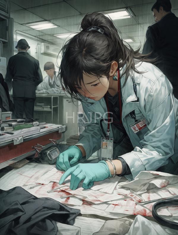 High Resolution: Asian woman with brown hair in a ponytail wears teal gloves and a white lab coat intently examining blood-stained papers on a table inside a sterile laboratory setting download. | HRJPG.com