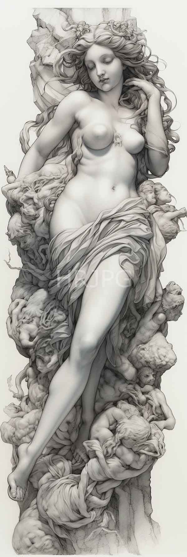 High Resolution: Intricate monochromatic pencil drawing of a nude woman with flowing hair and soft features lying amidst swirling clouds adorned with roses partially covered by her left arm download. | HRJPG.com