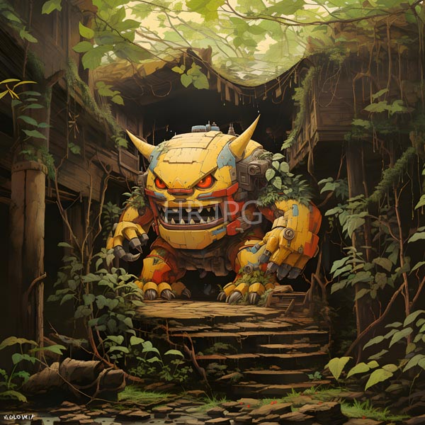 High Resolution: Intimidating yellow and orange robotic monster with sharp teeth horns red eyes and armored segments emerging from overgrown ruins on stone steps in a sunlit forest download. | HRJPG.com