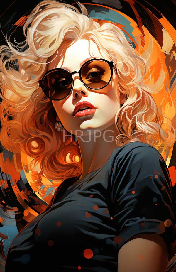 High Resolution: Attractive fair-skinned woman with wavy blonde hair wears dark sunglasses and a black t-shirt against a vibrant orange-black abstract background with red lipstick download. | HRJPG.com