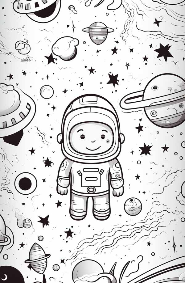 High Resolution: Adorable cartoon astronaut with round eyes and a smiling face floating in space among various planets stars moons clouds and UFOs download. | HRJPG.com