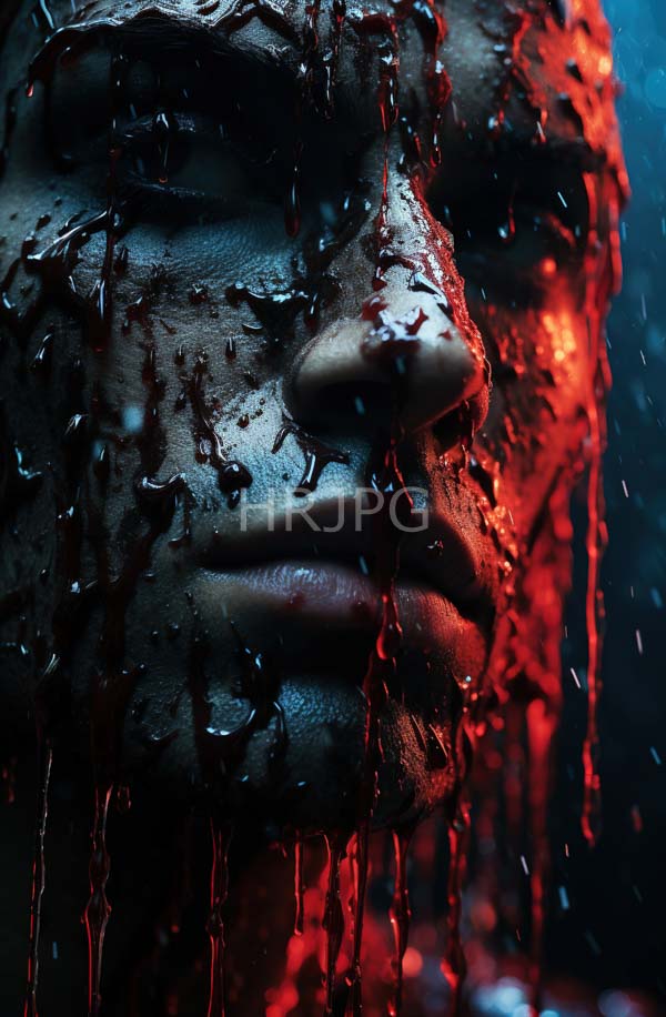 High Resolution: Intense close-up dark-skinned face with wet skin and dripping red liquid over it with shadowy lighting creating dramatic contrasts between blue and fiery orange-red light download. | HRJPG.com