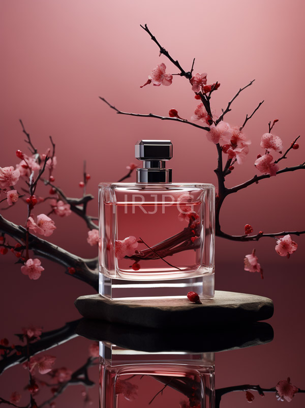 High Resolution: Elegant perfume bottle with clear glass and pink liquid topped by a black cap placed on a smooth stone slab against a reflective surface with delicate cherry blossom branches nearby download. | HRJPG.com