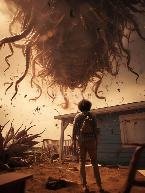 High Resolution: Eerie scene features a young person in a plaid shirt and beige pants carrying a small backpack facing away towards a menacing giant tentacled creature looming above download. | HRJPG.com