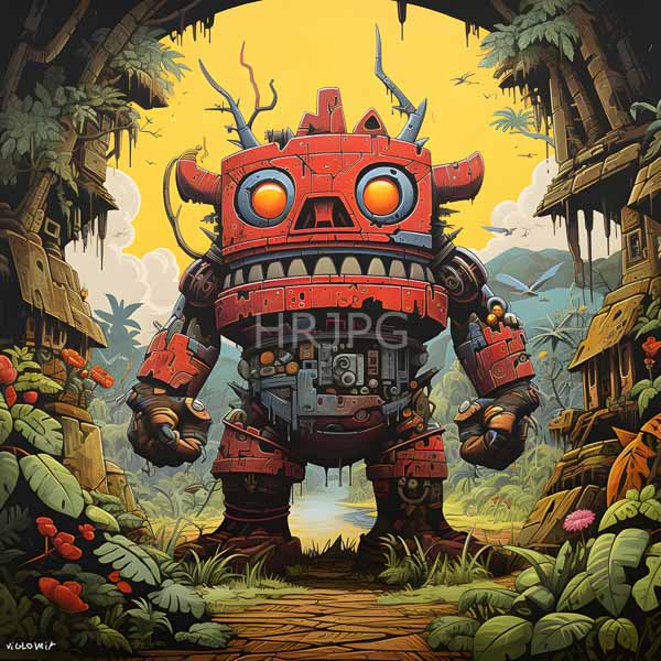 High Resolution: Anthropomorphic rusted red robot with large orange eyes and horn-like protrusions standing in front of ancient ruins surrounded by lush jungle vegetation download. | HRJPG.com