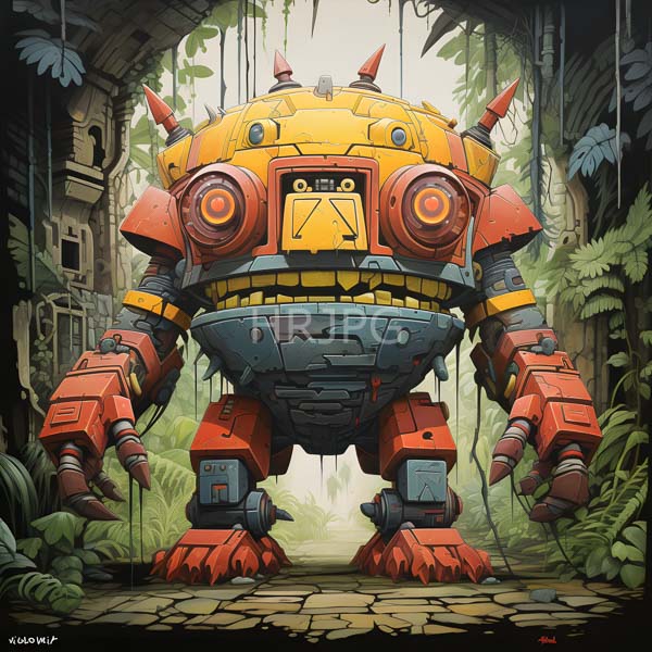 High Resolution: Orange and yellow bulky robot with red horns stands in overgrown ruins under arches covered by vines with large circular eyes and clawed hands download. | HRJPG.com