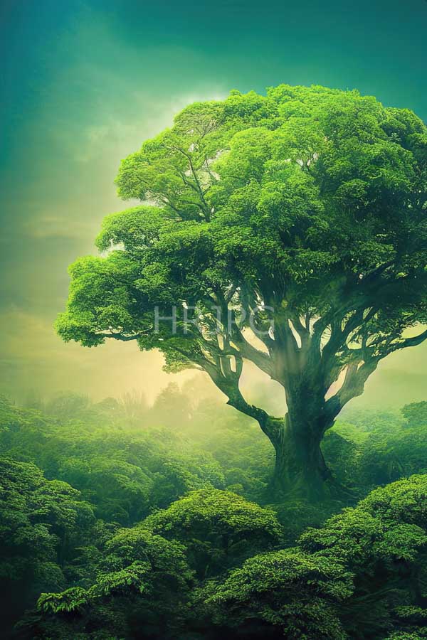 High Resolution: Enormous lush green tree with dense foliage and a thick trunk standing alone in a misty forest with soft light filtering through a foggy sky download. | HRJPG.com