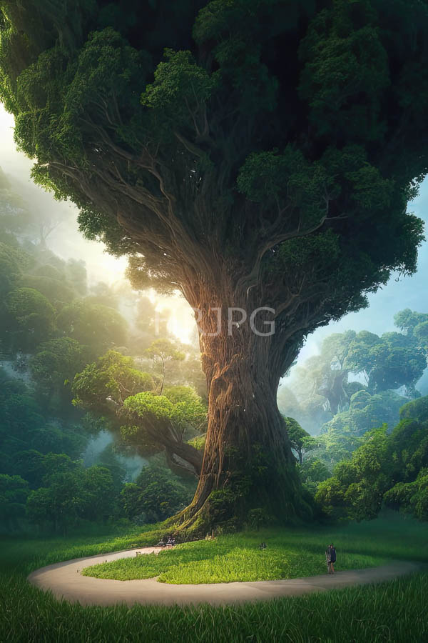 High Resolution: Enormous ancient tree with thick trunk and dense foliage dominating the center with dappled light patterns on grassy ground below and two small figures standing near a winding path download. | HRJPG.com