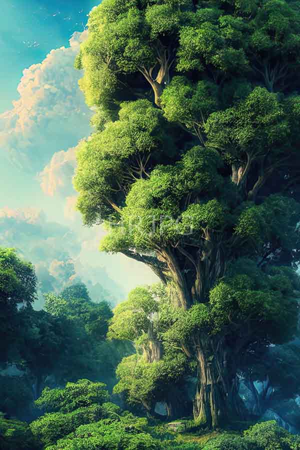 High Resolution: Enormous ancient tree with thick trunk and lush green canopy dominating the center-right surrounded by smaller trees in a dense forest under a bright blue sky download. | HRJPG.com