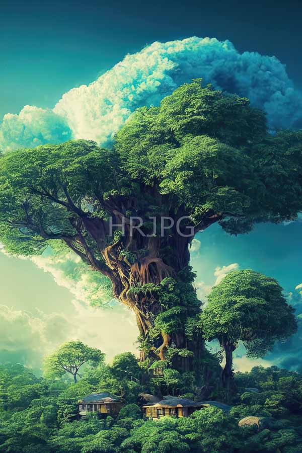 High Resolution: Enormous ancient tree with sprawling roots and dense green foliage towering above two small wooden houses at its base in lush forest surroundings download. | HRJPG.com