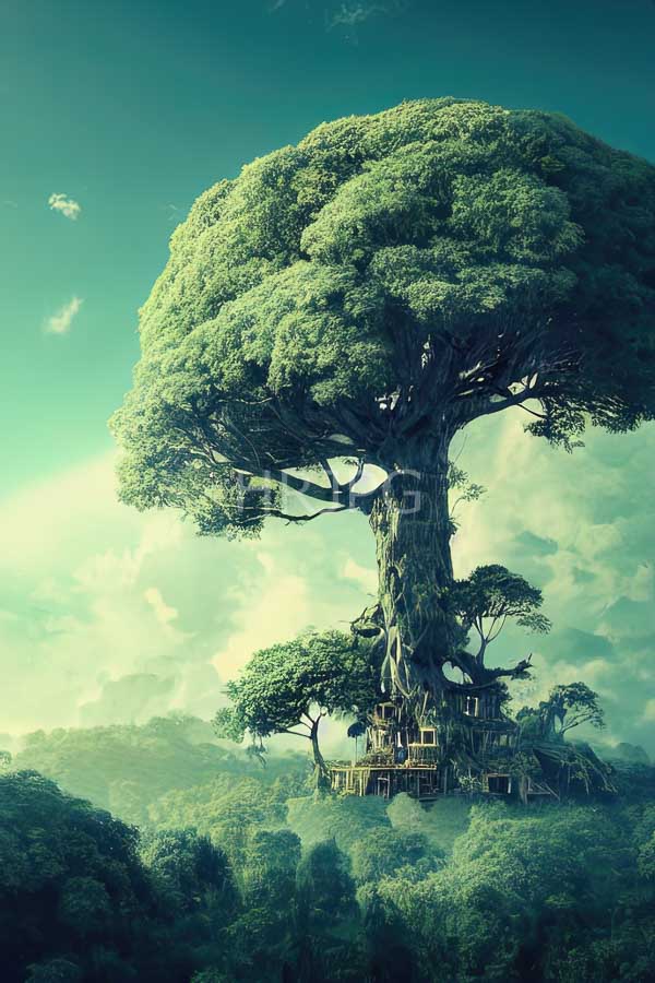 High Resolution: Enormous ancient tree with dense green foliage and a twisted trunk supporting intricate wooden houses at its base in a lush forested landscape download. | HRJPG.com