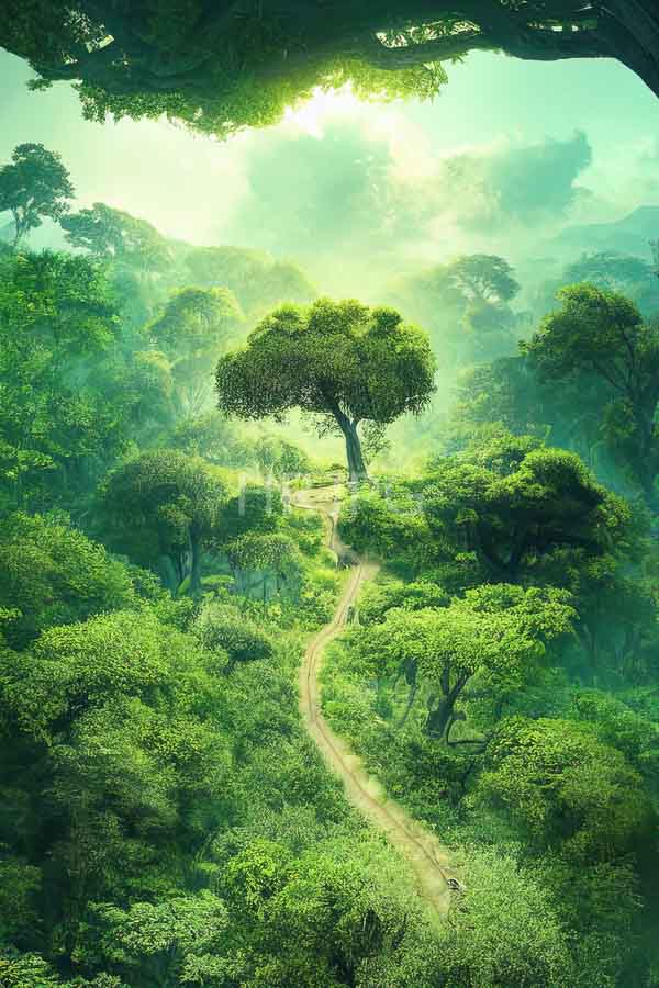 High Resolution: Enchanting lush forest scene with vibrant green foliage and towering trees under soft sunlight filtering through a dense canopy above a central tree stands tall on a winding dirt path download. | HRJPG.com