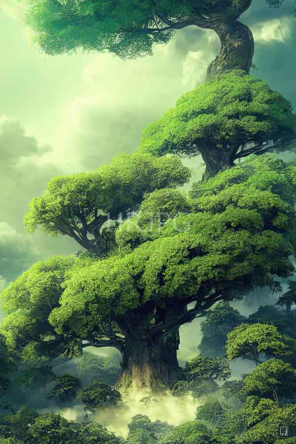 High Resolution: Enormous twisted tree with lush green foliage towering above misty forest surroundings with sunlight filtering through dense clouds creating ethereal light effects download. | HRJPG.com