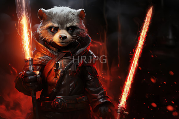 High Resolution: Anthropomorphic raccoon warrior standing in a dark forest with red embers and glowing swords held aloft wears metallic armor over a gray fur coat download. | HRJPG.com