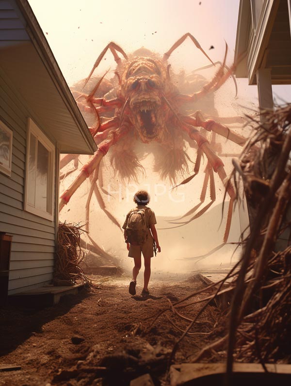 High Resolution: Eerie scene features a small boy with curly hair wearing brown shorts and a backpack facing away as he walks down a dirt path towards a towering red spider monster emerging from a dust cloud download. | HRJPG.com