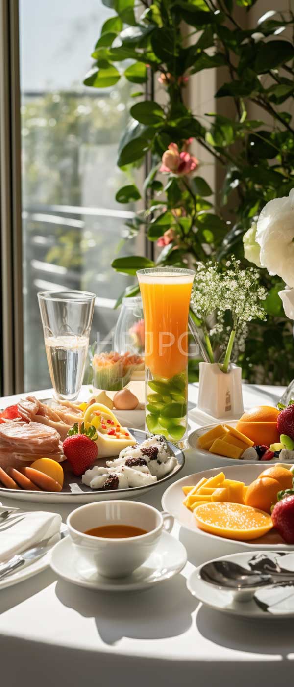 High Resolution: Elegant breakfast table bathed in sunlight features fresh fruit strawberries and oranges pastries on white plates with blackberry toppings and glasses of water and orange juice download. | HRJPG.com