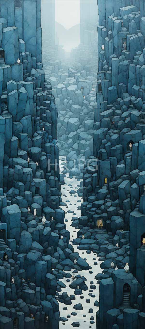 High Resolution: Eerie blue-toned rocky landscape with numerous small cave-like structures scattered throughout a narrow white stream runs through its center leading to misty mountains download. | HRJPG.com