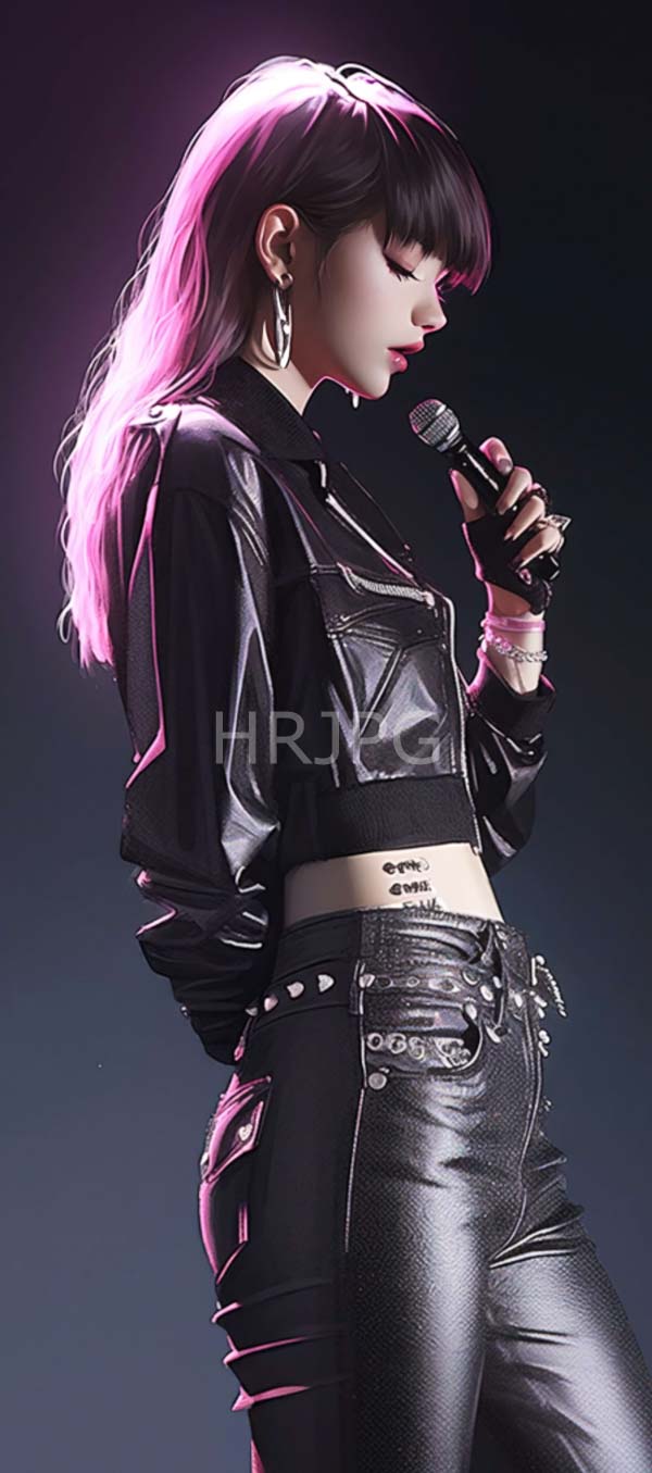 High Resolution: Asian woman with long pink-lit black hair singing into a microphone while standing in profile against a dark background wearing a shiny leather jacket and matching pants adorned with silver studs download. | HRJPG.com