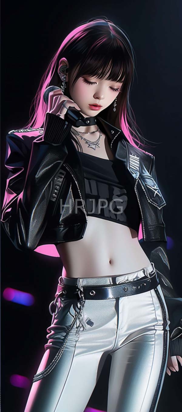 High Resolution: Asian woman with long pink-highlighted black hair singing into a microphone against a dark background wears a cropped LIVE NOW tank top under a leather jacket adorned with silver star patches download. | HRJPG.com
