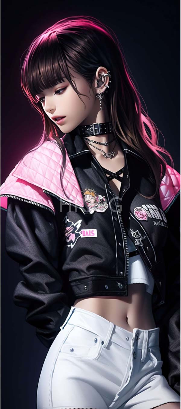 High Resolution: Asian woman with long brown hair and bangs wears a black leather jacket adorned with pink quilted shoulders and multiple patches including Punk over a white crop top exposing her midriff download. | HRJPG.com
