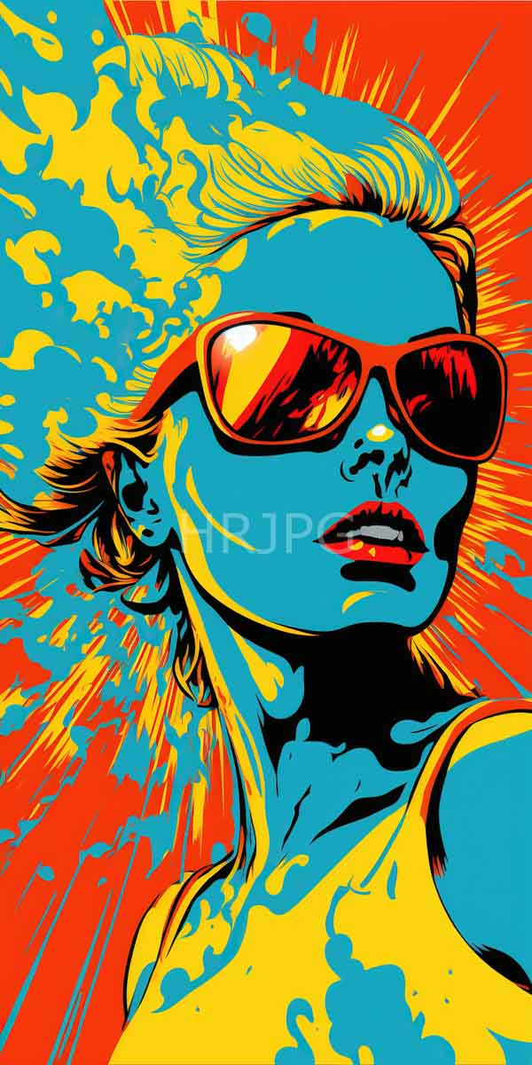 High Resolution: Vibrant pop-art style illustration of a woman with blue skin and blonde hair wearing red sunglasses against a bright orange background splattered with yellow patterns download. | HRJPG.com