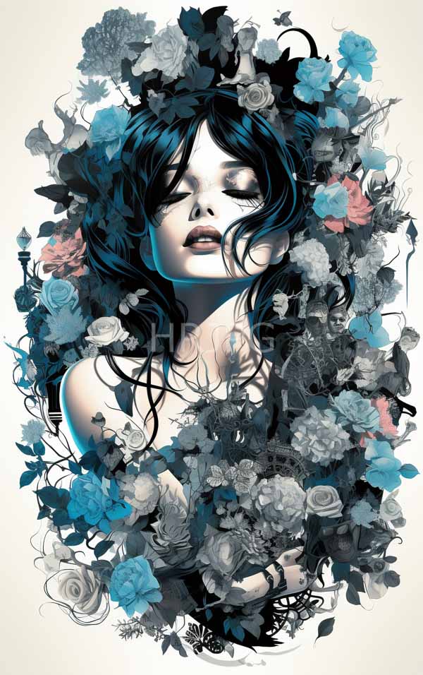 High Resolution: Ethereal woman with pale skin and dark wavy hair partially obscured by vibrant blue roses white flowers gray foliage and pink blossoms with a serene expression download. | HRJPG.com