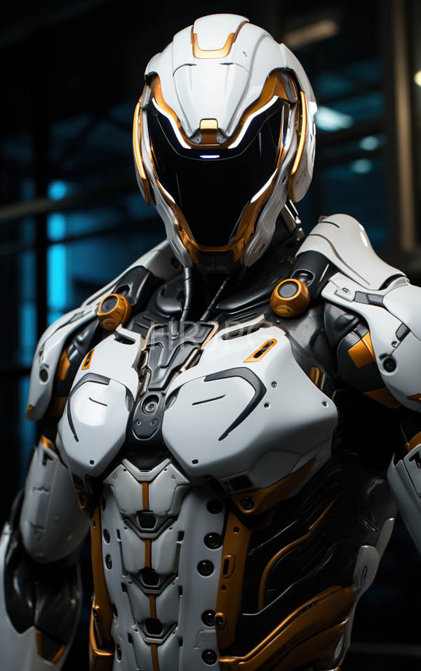 High Resolution: Armored humanoid figure in futuristic white and black armor with gold accents featuring sleek lines and intricate detailing on chest plates and shoulders with a dark visor helmet download. | HRJPG.com