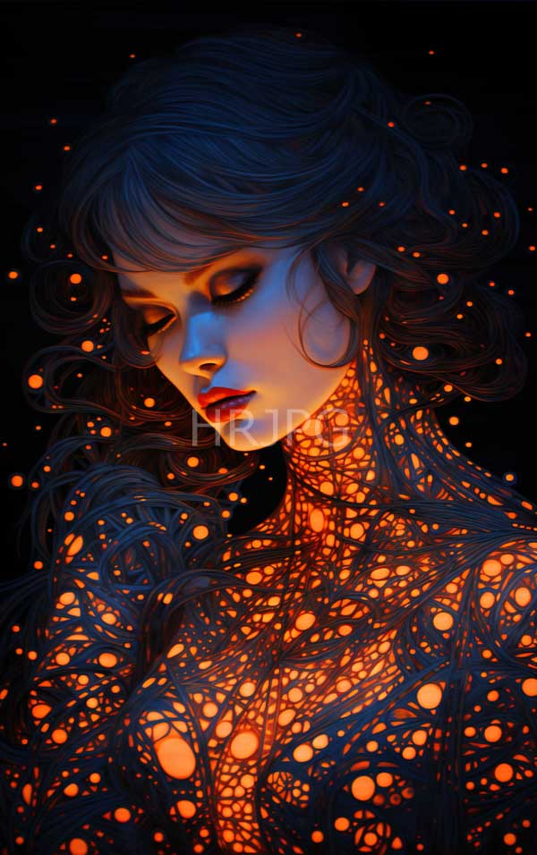 High Resolution: Ethereal woman with closed eyes glowing blue skin and red lips against a black background with wavy hair intertwined with vibrant orange spiderweb-like patterns download. | HRJPG.com