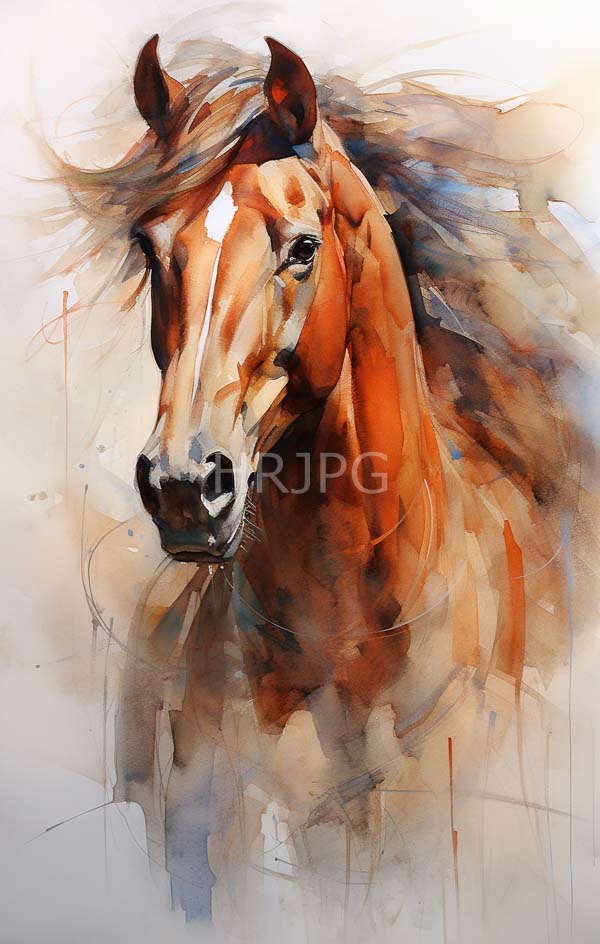 High Resolution: Abstract watercolor painting of a horse's head featuring rich brown and white tones with dynamic brushstrokes conveying motion in its flowing mane download. | HRJPG.com