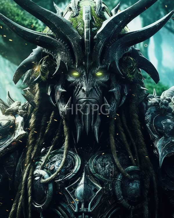 High Resolution: Imposing dark-skinned demon with glowing yellow eyes and intricate horned helmet adorned in metallic armor featuring sharp spikes with long dreadlocks download. | HRJPG.com