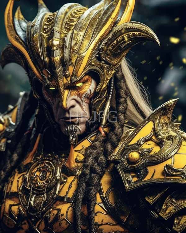 High Resolution: Photorealistic imposing dark-skinned warrior with braided hair wears ornate golden armor featuring intricate designs and large horns on his helmet with an intense expression and glowing yellow eyes download. | HRJPG.com