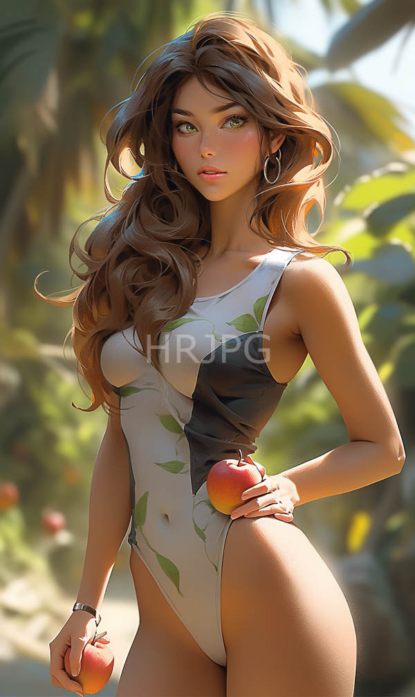 High Resolution: Attractive young woman with long wavy brown hair and green eyes stands in front of lush palm trees holding two red apples wears a high-cut one-piece swimsuit adorned with leaf patterns download. | HRJPG.com