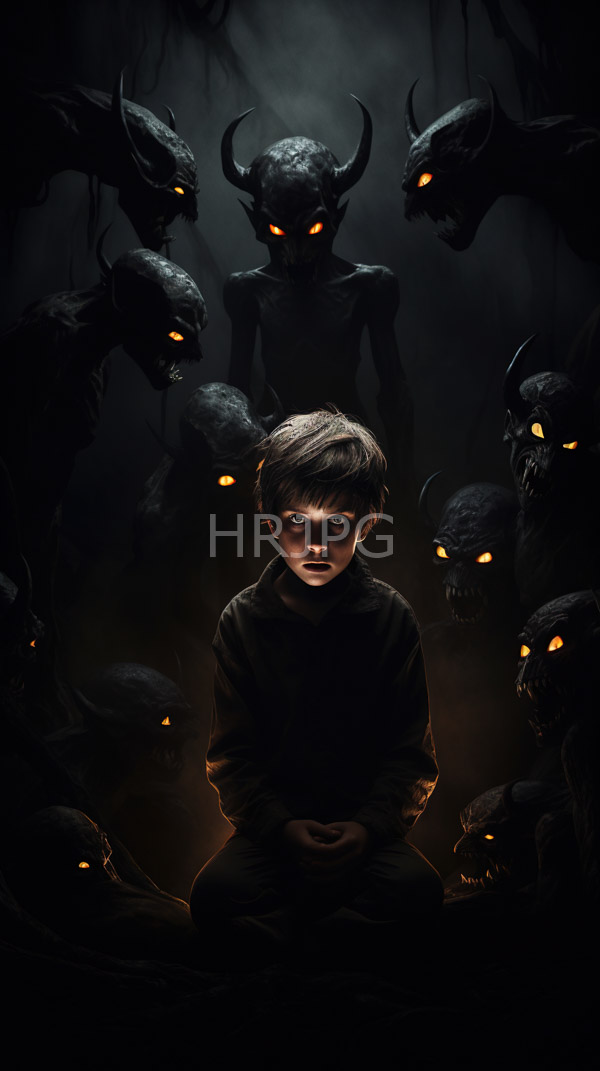 High Resolution: Anxious young boy with brown hair and glasses seated in darkness surrounded by shadowy demonic creatures with glowing orange eyes and horns encircling him menacingly download. | HRJPG.com