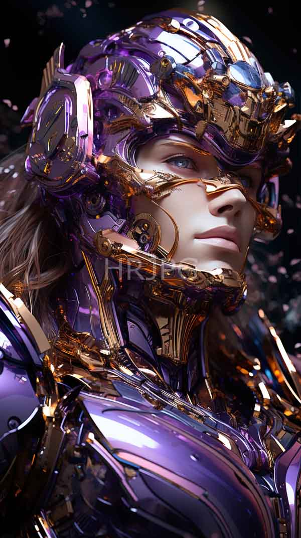 High Resolution: Highly detailed portrait of an androgynous figure with light skin wearing futuristic armor that combines purple metallic plates and gold accents with blue eyes download. | HRJPG.com