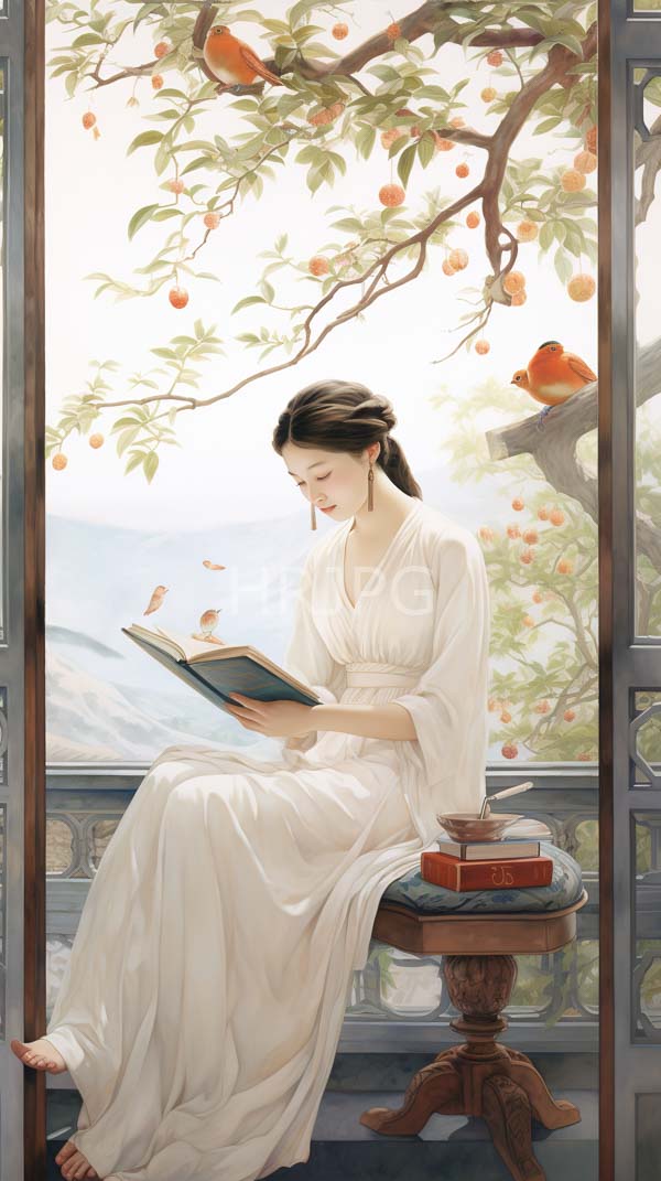 High Resolution: Elegant woman with fair skin and dark hair dressed in flowing white robes sits on a wooden bench under orange tree branches laden with fruit reading from an open book download. | HRJPG.com