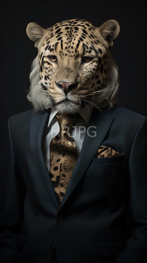 High Resolution: Anthropomorphic leopard with golden fur and black spots wears a dark blue suit jacket over a white shirt paired with a patterned brown tie and pocket square download. | HRJPG.com