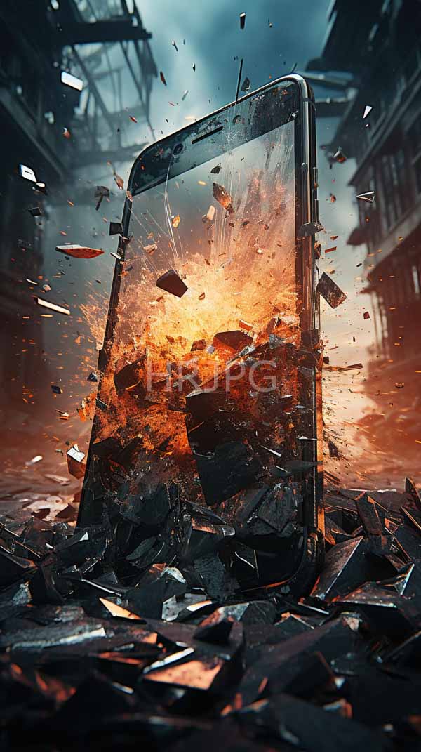 High Resolution: Exploding smartphone with shattered glass and metal fragments flying outward in vivid orange flames against a dark urban alley backdrop highlighting intense destruction download. | HRJPG.com