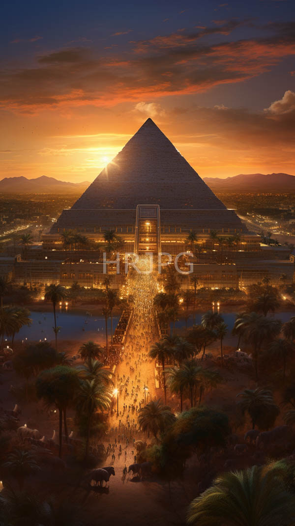 High Resolution: Ancient Egyptian pyramid at sunset with golden sunlight illuminating its peak and casting long shadows on surrounding palm trees lining an illuminated causeway filled with people download. | HRJPG.com