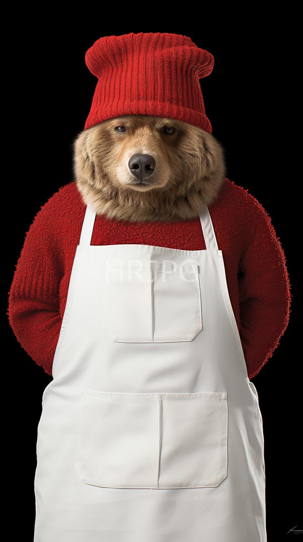 High Resolution: Anthropomorphic bear stands against a black background wearing a red knitted sweater and matching ribbed beanie with a white apron covering its front download. | HRJPG.com