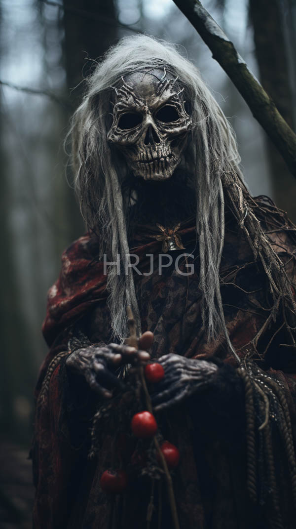 High Resolution: Eerie forest scene features a skeletal-faced figure with long disheveled gray hair and darkened skin holding red berries in gloved hands wearing tattered brown robes download. | HRJPG.com