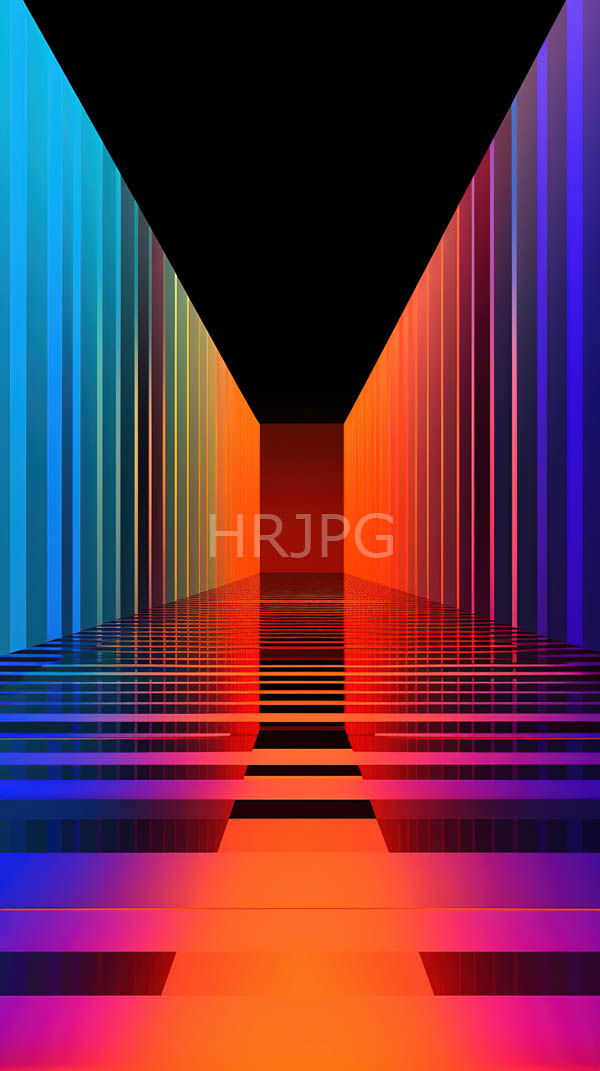 High Resolution: Abstract symmetrical corridor with vibrant vertical and horizontal neon stripes in a blue to red spectrum on a reflective black floor with converging lines creating depth download. | HRJPG.com