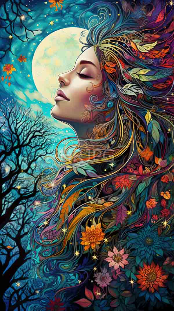 High Resolution: Ethereal woman with closed eyes serene expression and flowing multicolored hair infused with vibrant flowers against a starry night sky illuminated by a full moonlight download. | HRJPG.com