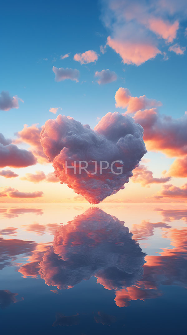 High Resolution: Ethereal sunset sky features a heart-shaped cloud with pink and orange hues perfectly mirrored in calm water below with soft clouds scattering across a blue-to-pink gradient download. | HRJPG.com