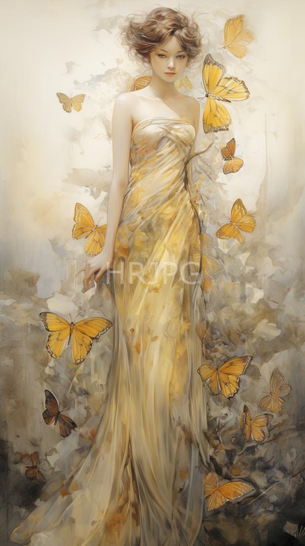 High Resolution: Ethereal fair-skinned woman with wavy brown hair in a flowing yellow dress adorned by numerous orange butterflies surrounding her against a soft watercolor background download. | HRJPG.com