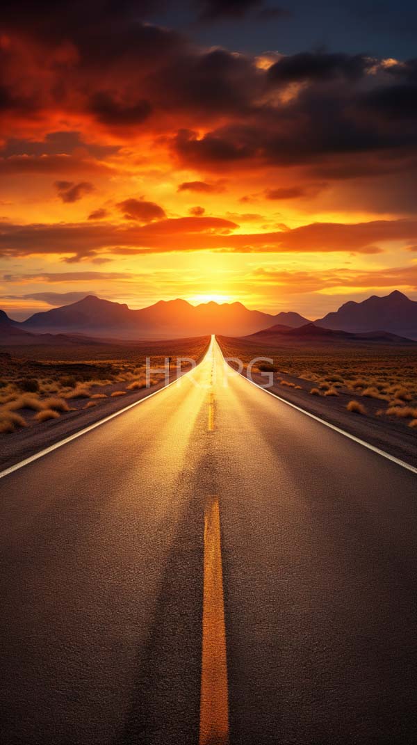 High Resolution: Empty straight road with two white lines leading to distant mountains at sunset with a vibrant orange and red sky filling the background clouds download. | HRJPG.com